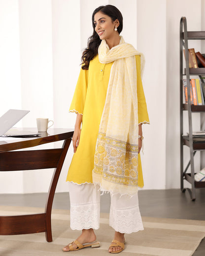 YELLOW A-LINE KURTA- DUPATTA SET