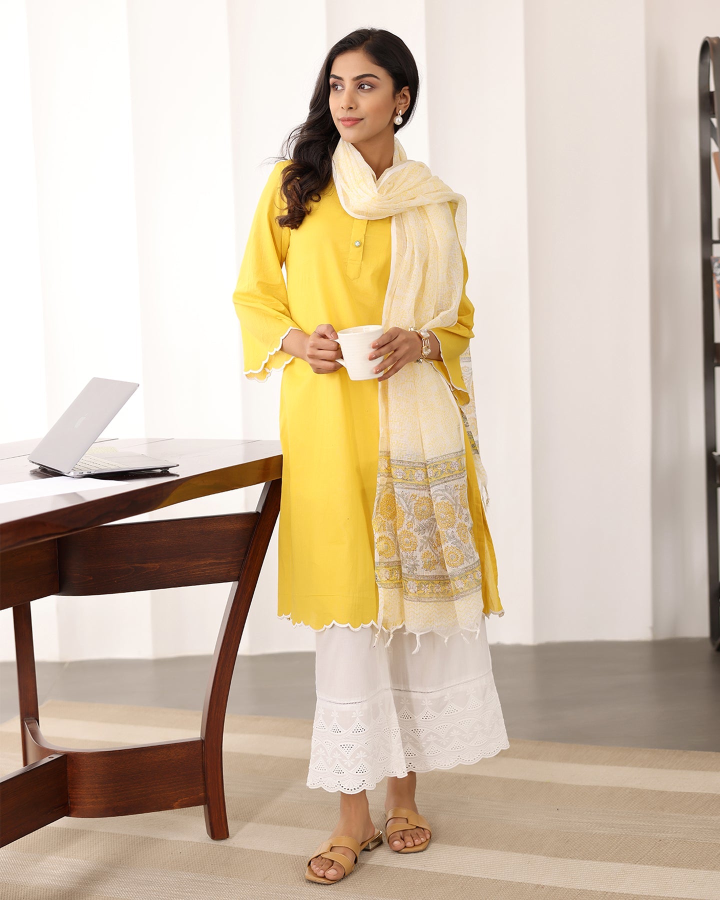 YELLOW A-LINE KURTA- DUPATTA SET
