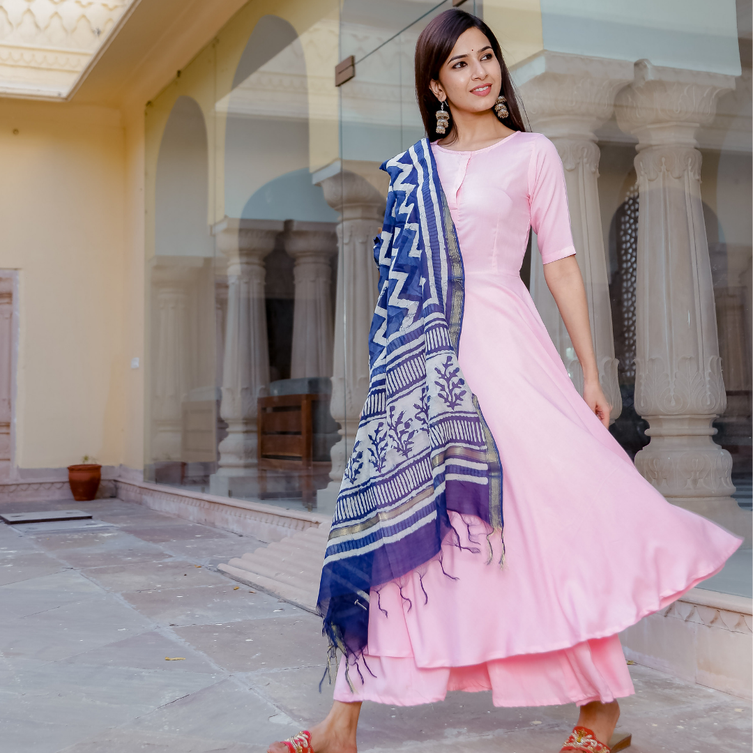 Baby Pink Suit Set With Blue Dupatta - Ambraee