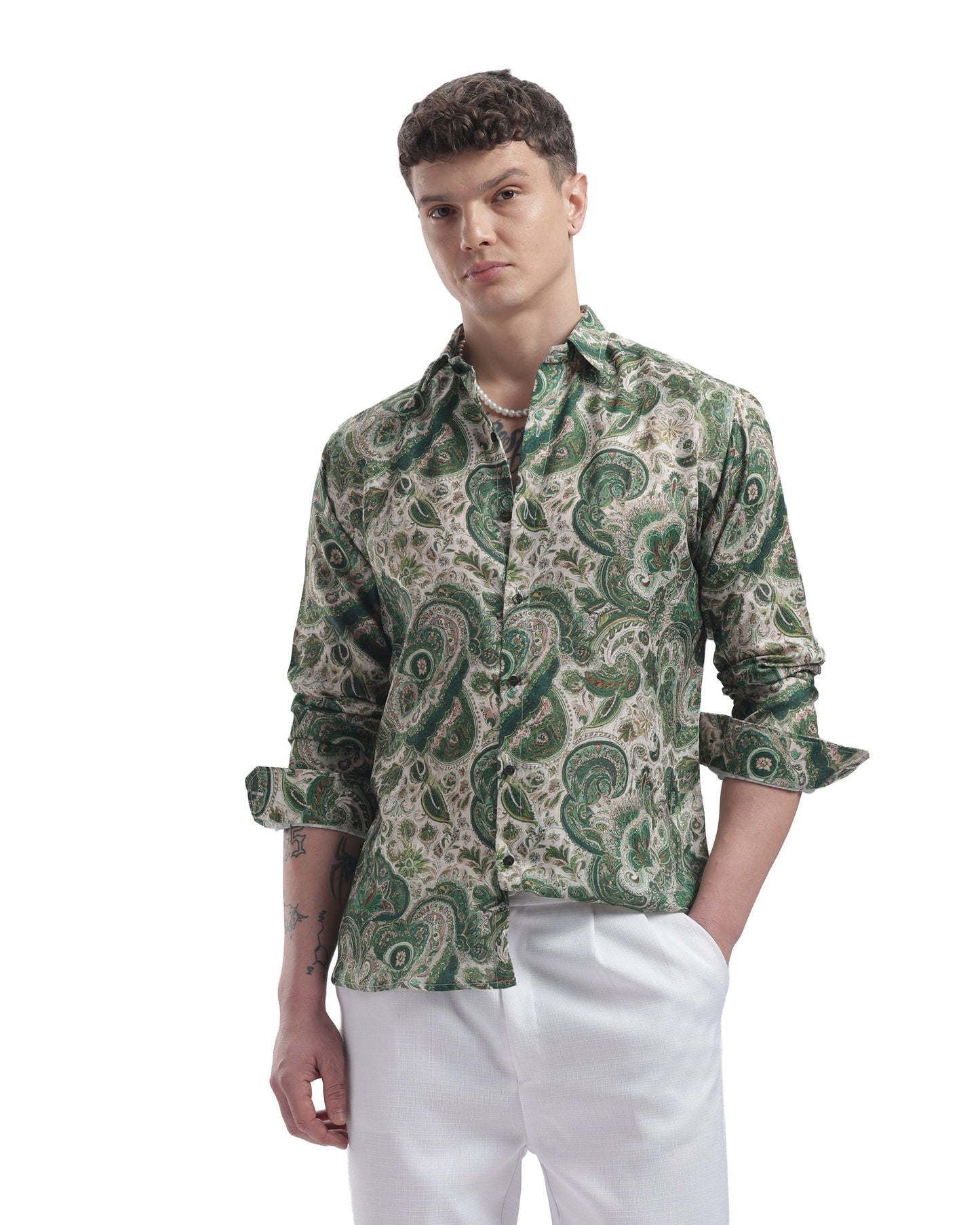 I'MHERE Essentials Moss Green Paisley full sleeve shirt