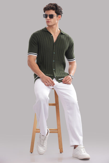 Funny Tales Premium Cotton Men’s Olive Green 100% Cotton Knitted Button-Down Shirt