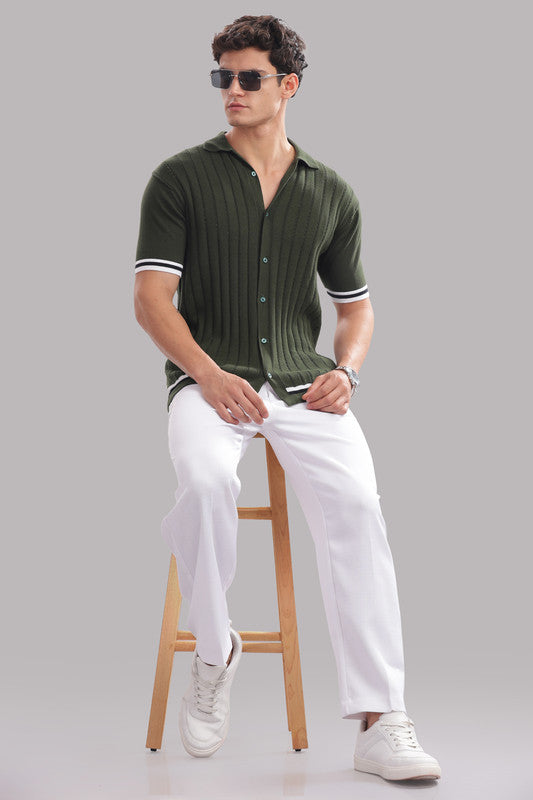 Funny Tales Premium Cotton Men’s Olive Green 100% Cotton Knitted Button-Down Shirt