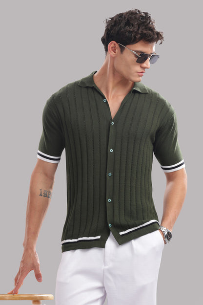 Funny Tales Premium Cotton Men’s Olive Green 100% Cotton Knitted Button-Down Shirt