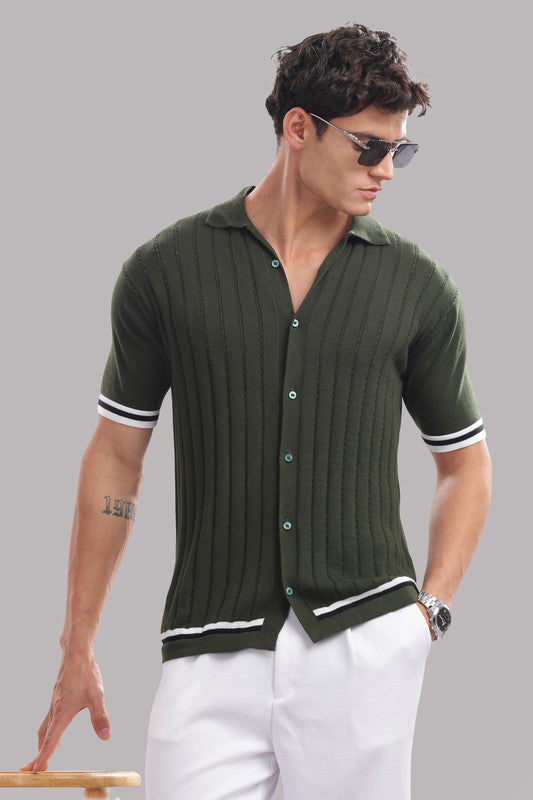 Funny Tales Premium Cotton Men’s Olive Green 100% Cotton Knitted Button-Down Shirt