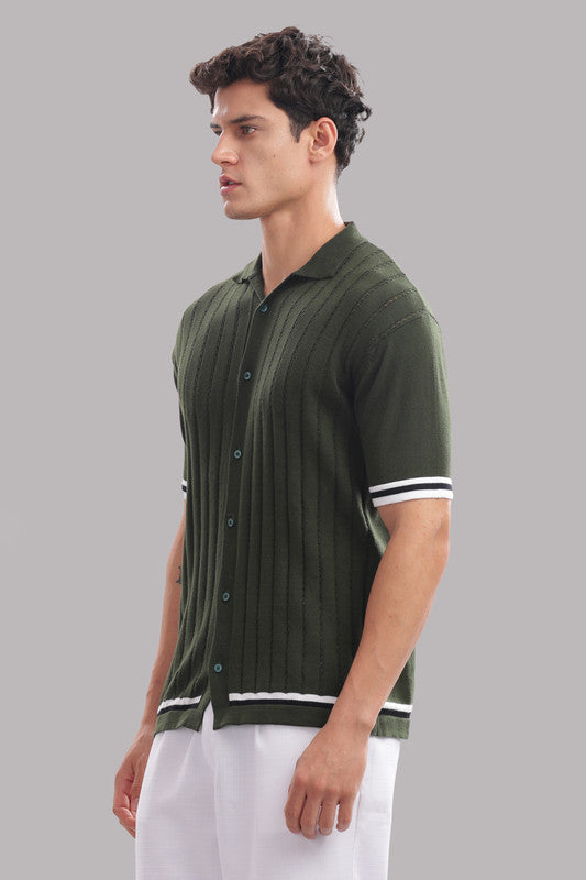 Funny Tales Premium Cotton Men’s Olive Green 100% Cotton Knitted Button-Down Shirt