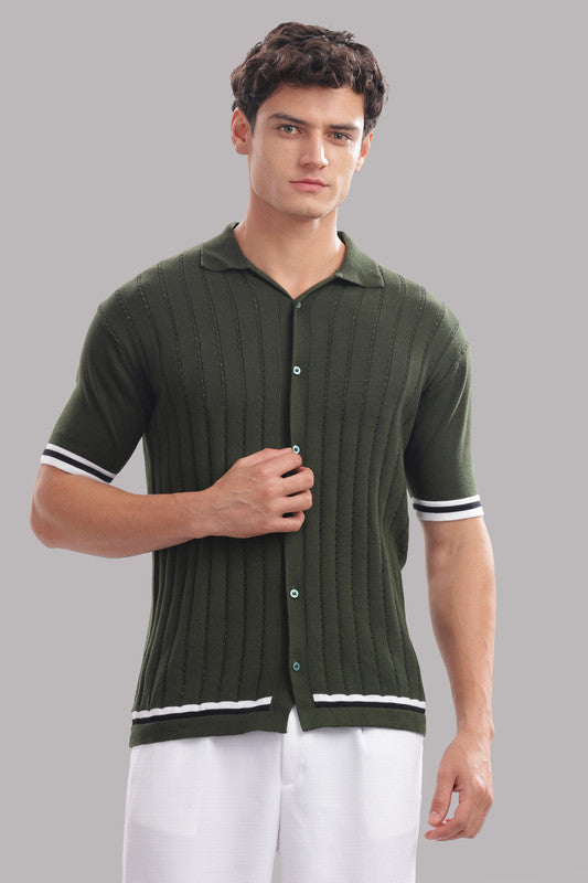 Funny Tales Premium Cotton Men’s Olive Green 100% Cotton Knitted Button-Down Shirt