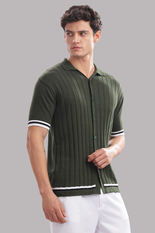 Funny Tales Premium Cotton Men’s Olive Green 100% Cotton Knitted Button-Down Shirt