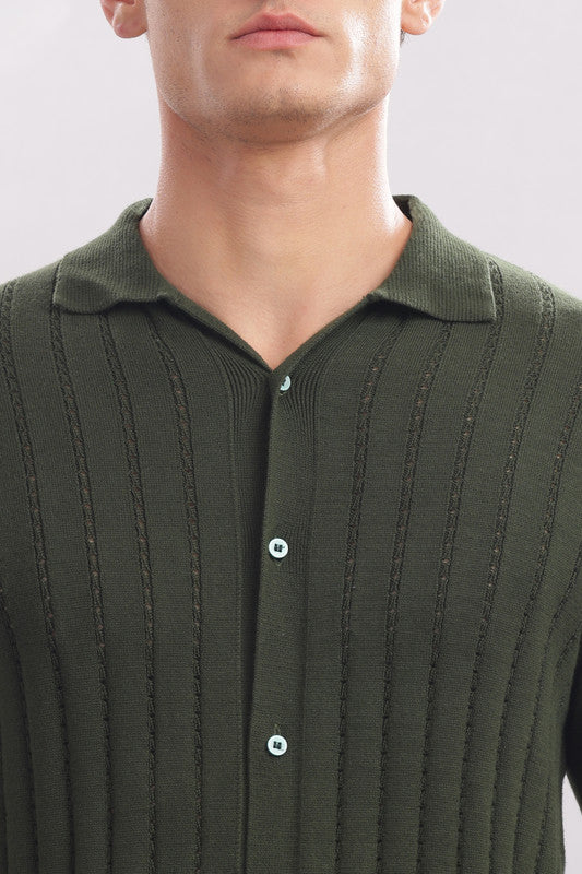 Funny Tales Premium Cotton Men’s Olive Green 100% Cotton Knitted Button-Down Shirt