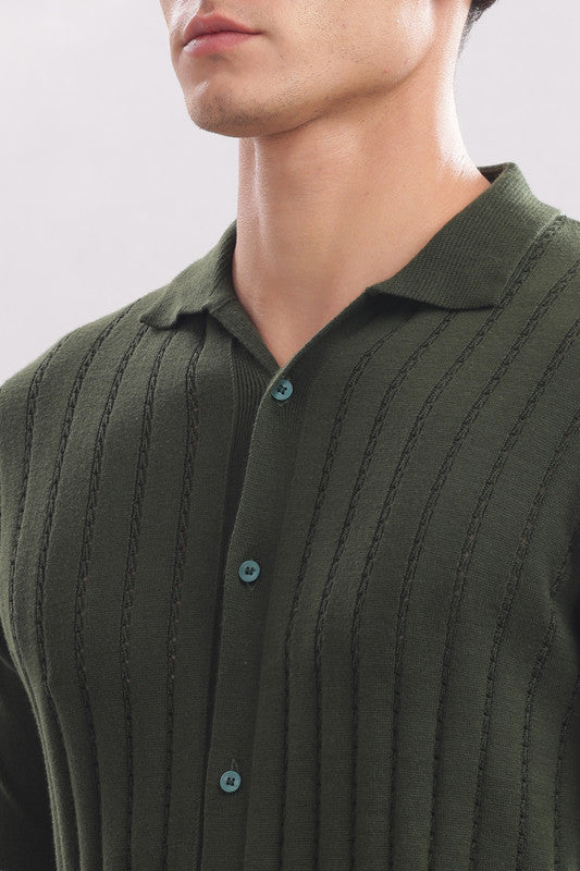 Funny Tales Premium Cotton Men’s Olive Green 100% Cotton Knitted Button-Down Shirt