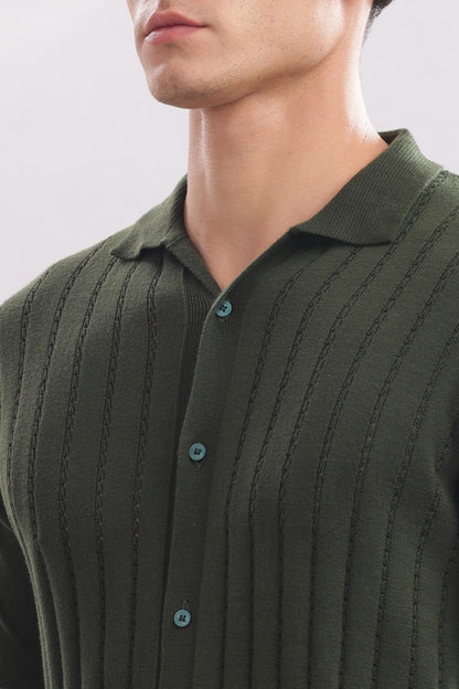 Funny Tales Premium Cotton Men’s Olive Green 100% Cotton Knitted Button-Down Shirt