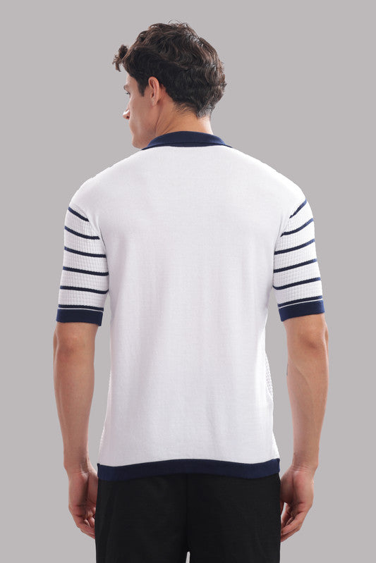 Funny Tales Premium Cotton Men’s 100% Cotton Striped Button-Down Polo Shirt – Navy & White