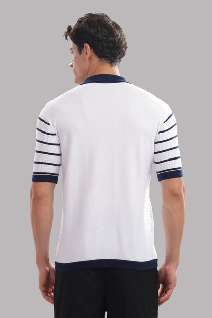 Funny Tales Premium Cotton Men’s 100% Cotton Striped Button-Down Polo Shirt – Navy & White