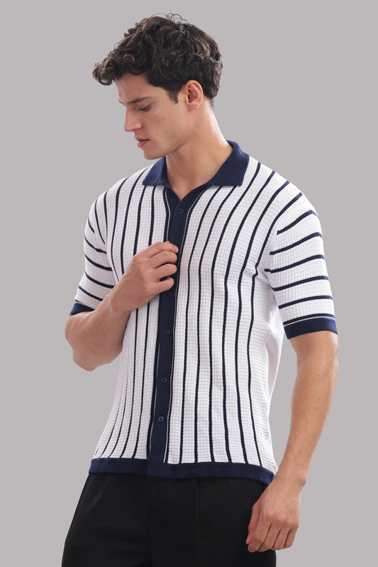 Funny Tales Premium Cotton Men’s 100% Cotton Striped Button-Down Polo Shirt – Navy & White