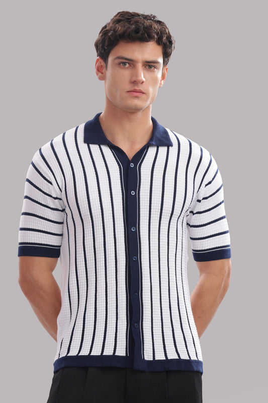 Funny Tales Premium Cotton Men’s 100% Cotton Striped Button-Down Polo Shirt – Navy & White