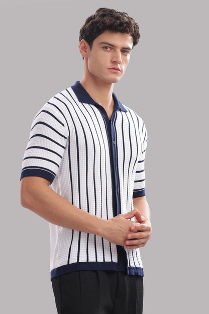 Funny Tales Premium Cotton Men’s 100% Cotton Striped Button-Down Polo Shirt – Navy & White
