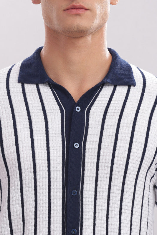 Funny Tales Premium Cotton Men’s 100% Cotton Striped Button-Down Polo Shirt – Navy & White