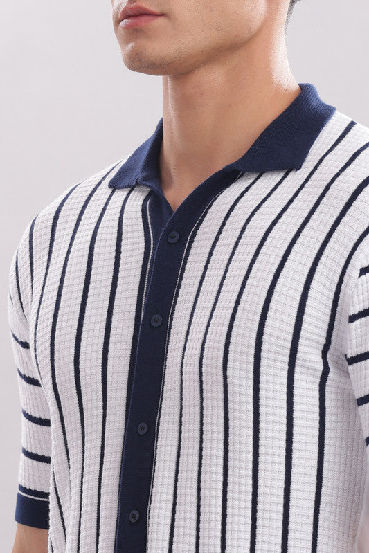 Funny Tales Premium Cotton Men’s 100% Cotton Striped Button-Down Polo Shirt – Navy & White