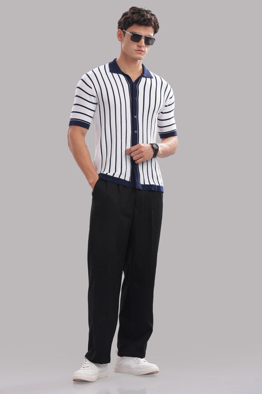 Funny Tales Premium Cotton Men’s 100% Cotton Striped Button-Down Polo Shirt – Navy & White