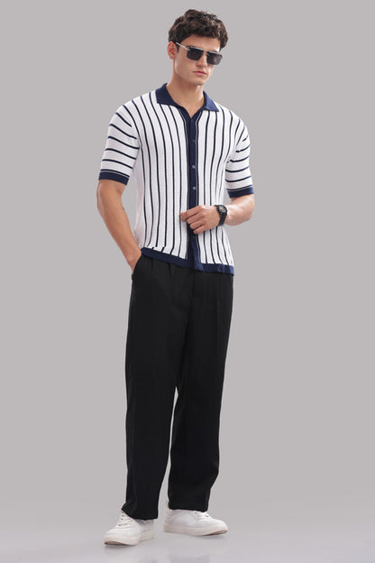 Funny Tales Premium Cotton Men’s 100% Cotton Striped Button-Down Polo Shirt – Navy & White