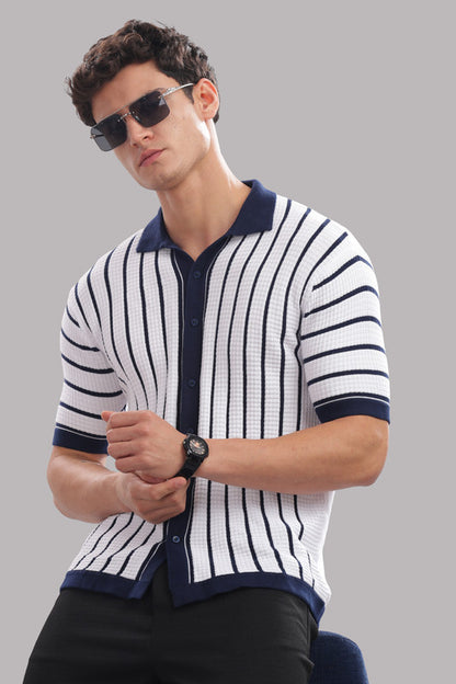 Funny Tales Premium Cotton Men’s 100% Cotton Striped Button-Down Polo Shirt – Navy & White