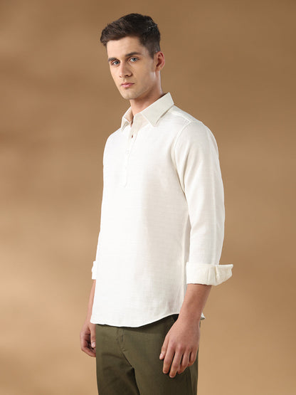 Off White Regular Fit Casual Linen Blend Shirt for men (DAFEN)