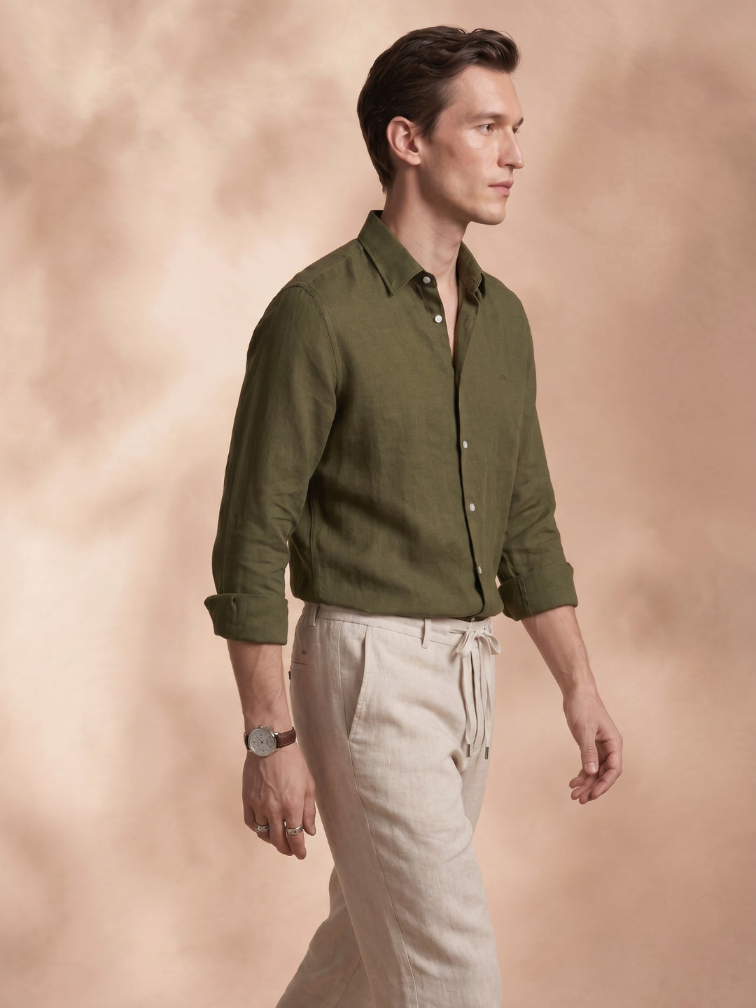Regular Fit Linen Olive Green Casual Shirt for Men (LITRO)