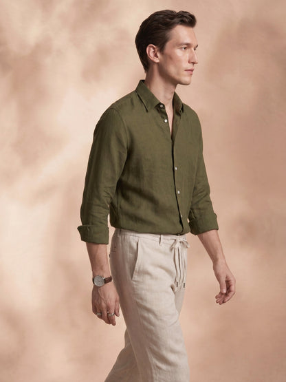 Regular Fit Linen Olive Green Casual Shirt for Men (LITRO)