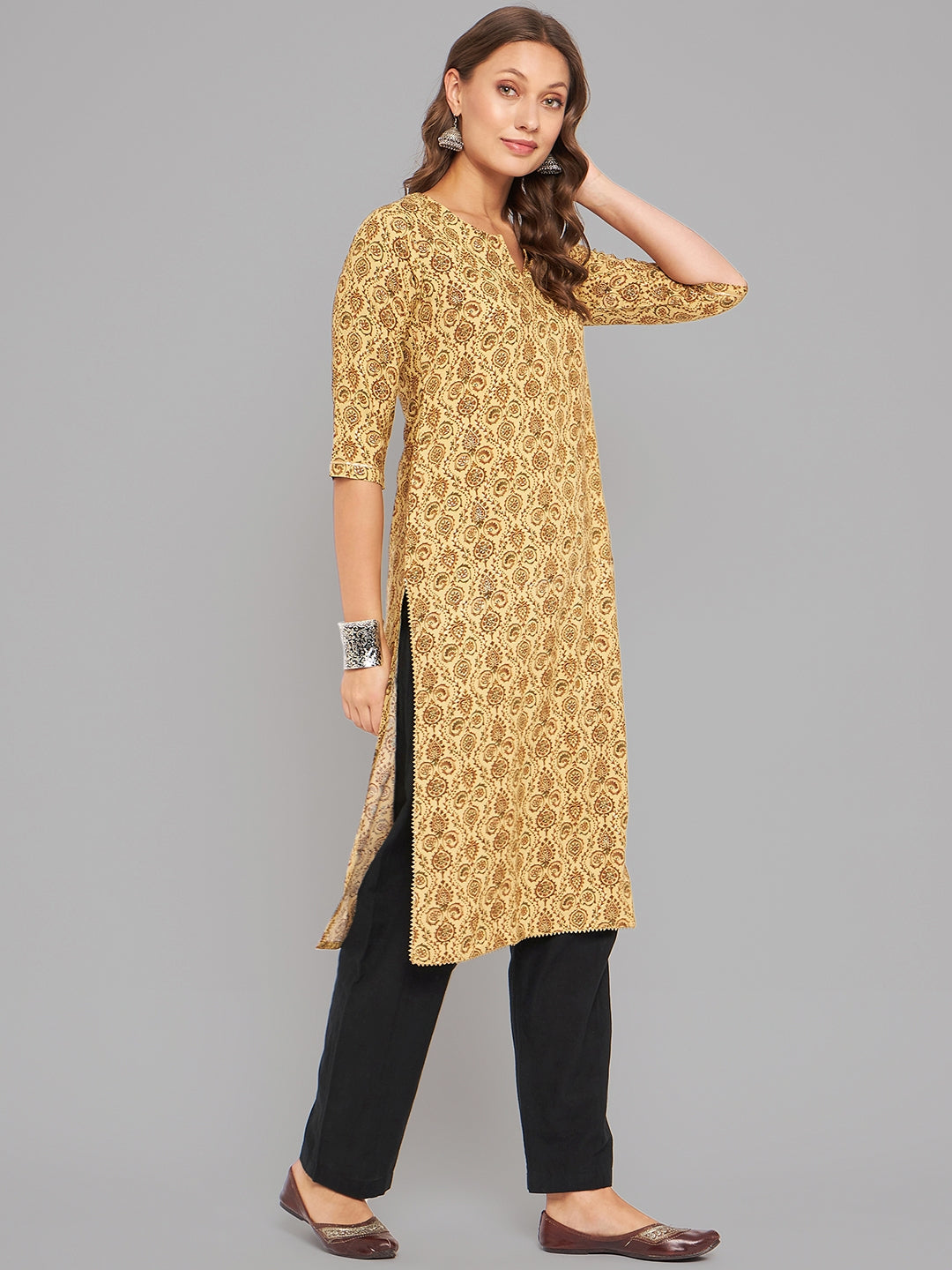 Women Mustard Kurta With Lace Krya