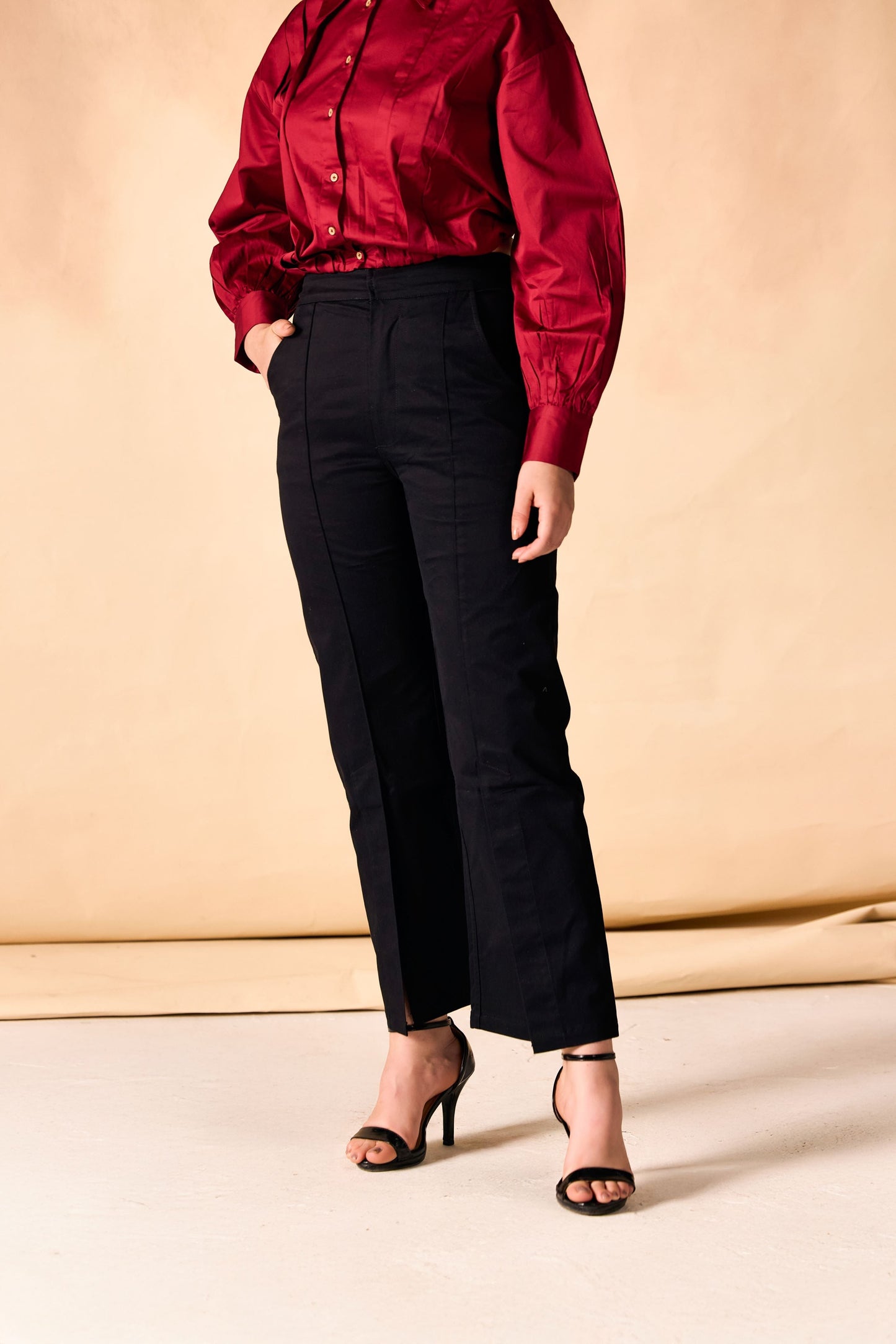 Black Front Slit Hem Straight-Leg Pants