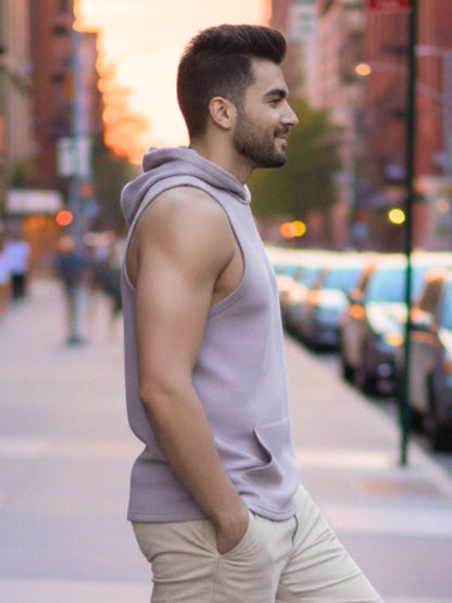 Men Light Purple Sleeveless Cotton Solid Hooded Kangaroo Pocket T-shirt