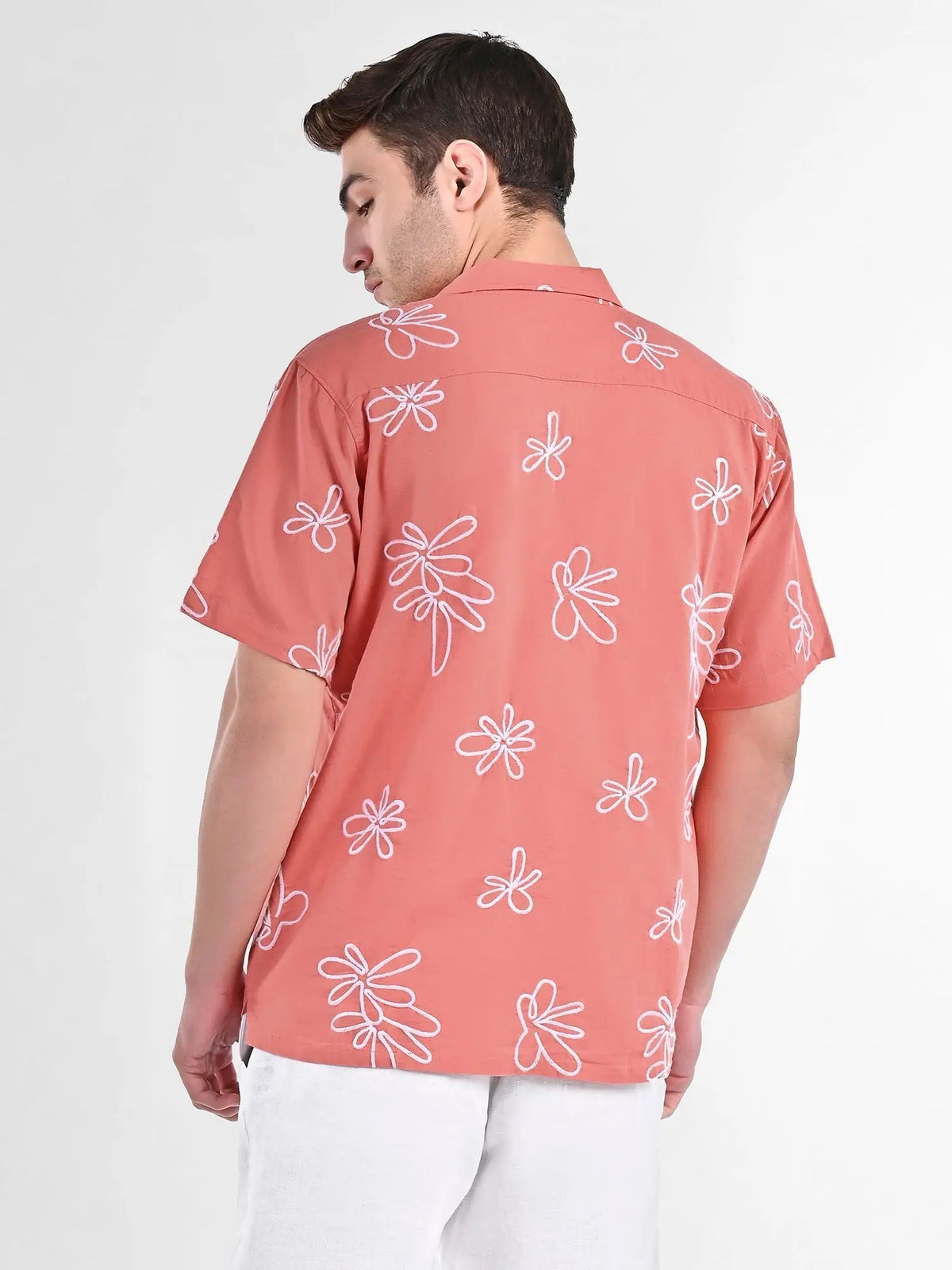 Men's Box-Fit Floral Embroidered Linen Coral Shirt Vellure