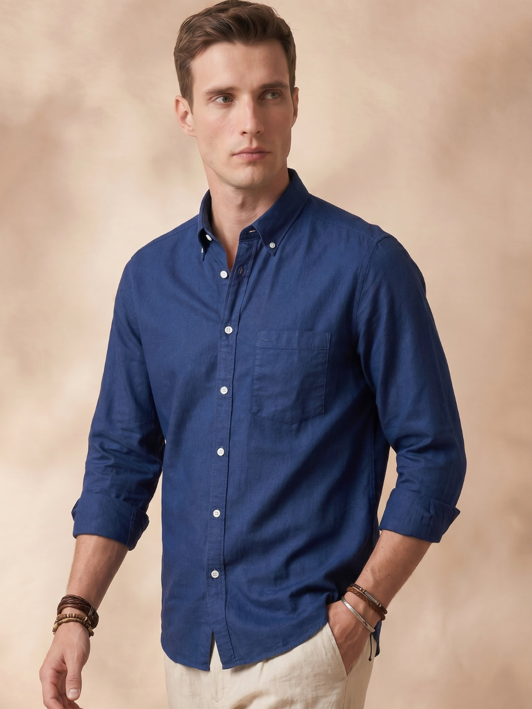 Regular Fit Navy Blue Cotton Solid Casual Shirt for Men (THEO)