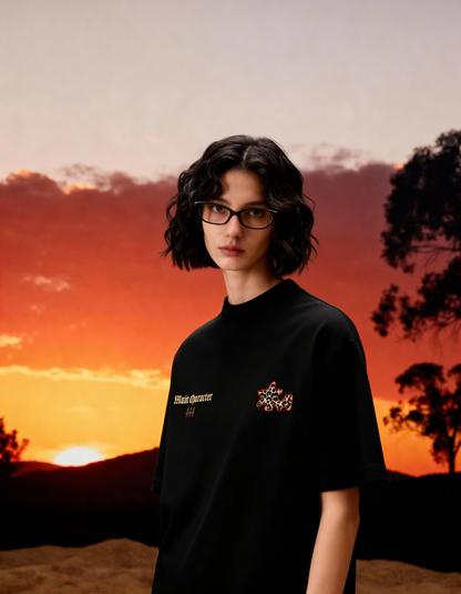 Sacred Printed Oversized Black T-Shirt Main Character
