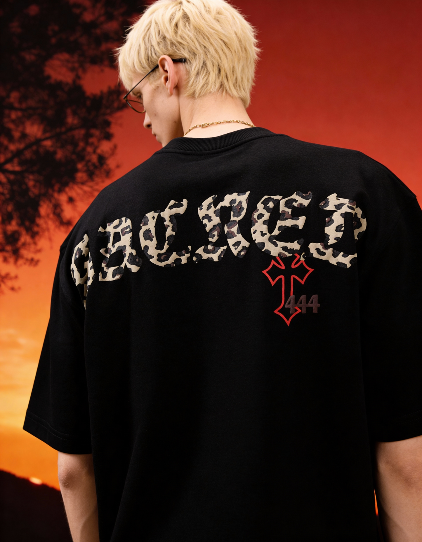 Sacred Printed Oversized Black T-Shirt Main Character