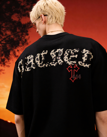Sacred Printed Oversized Black T-Shirt Main Character