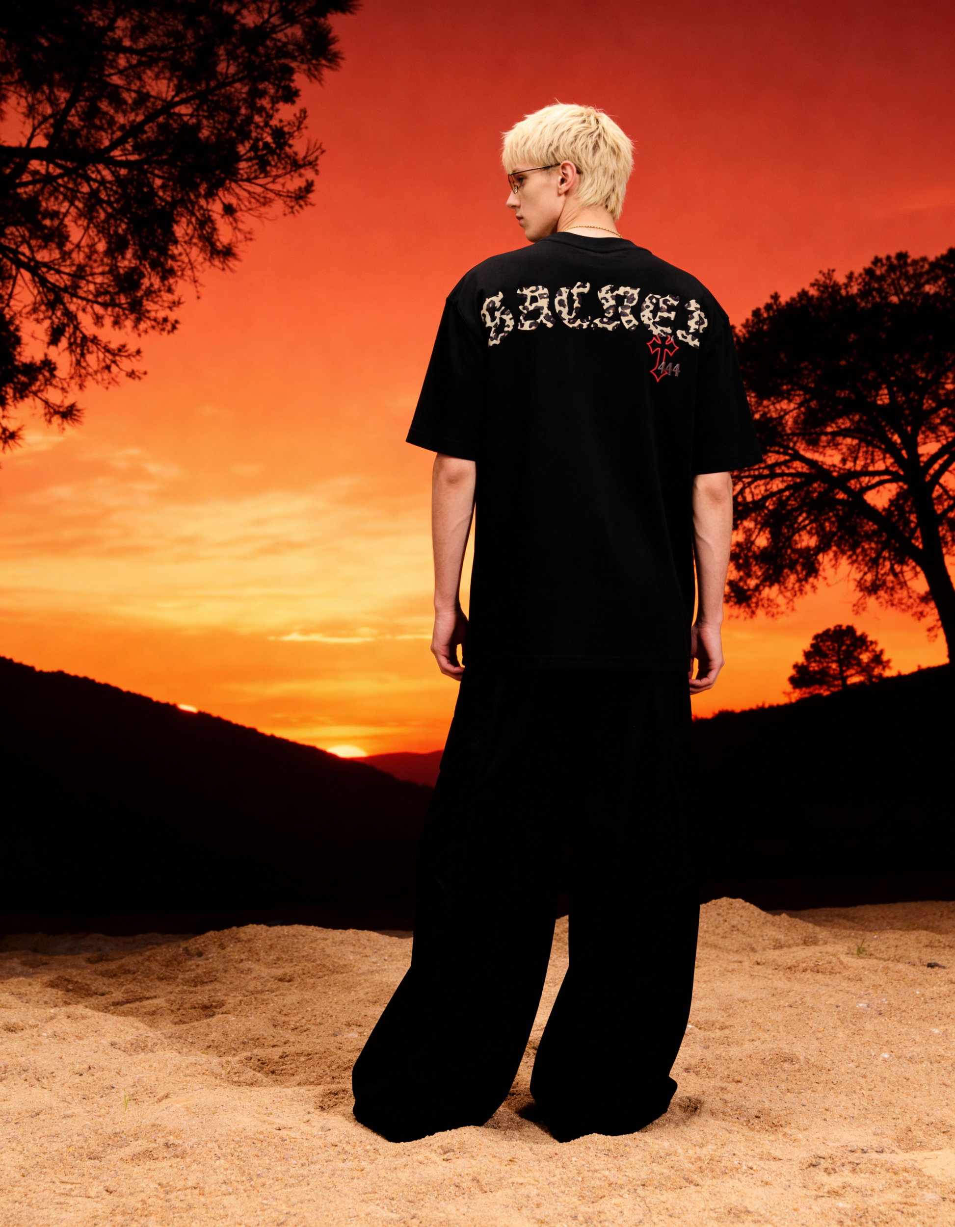 Sacred Printed Oversized Black T-Shirt Main Character