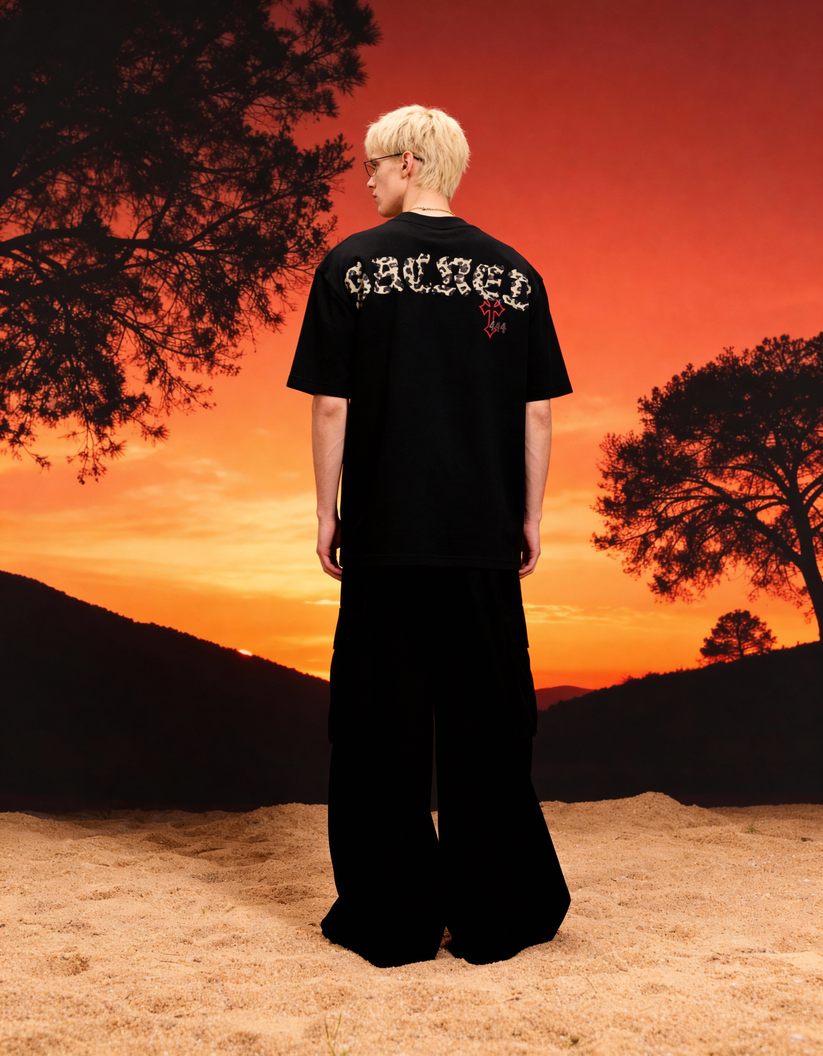 Sacred Printed Oversized Black T-Shirt Main Character