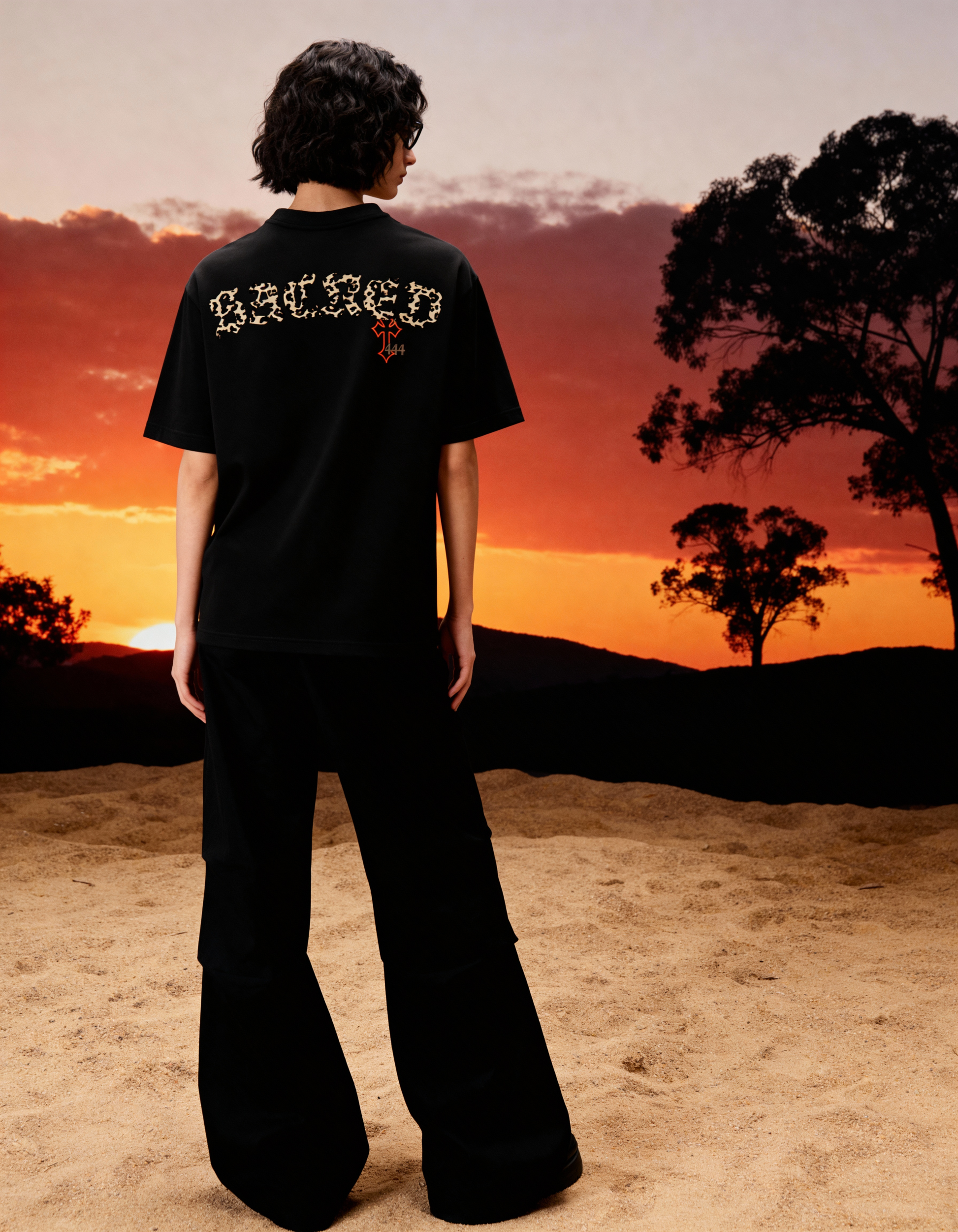 Sacred Printed Oversized Black T-Shirt Main Character