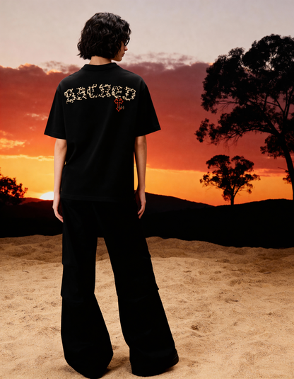 Sacred Printed Oversized Black T-Shirt Main Character
