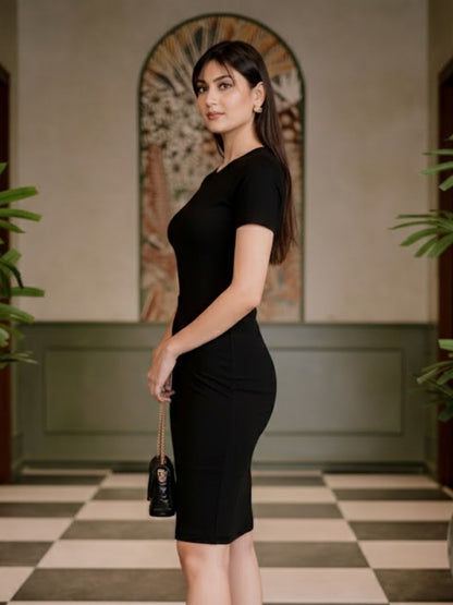 Women Black Round Neck Short Sleeves Cotton Bodycon Midi Dress