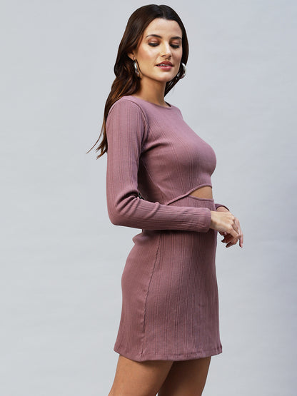 Women Mauve Cotton Round Neck Full Sleeves Cut-Out Bodycon Mini Dress