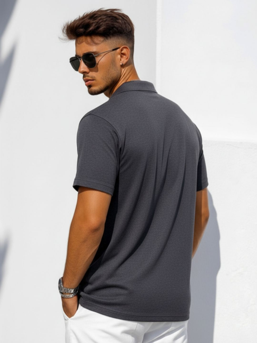 Men Solid Charcoal Grey Cotton Polo Collar Half Sleeve Regular Fit T-Shirt
