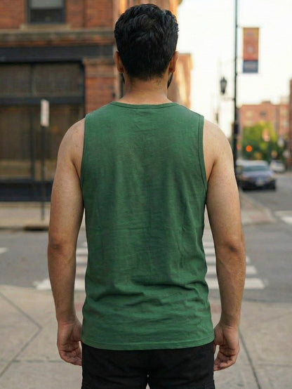 Men Round Neck Bottle Green Printed Cotton Sleeveless Training T-Shirt