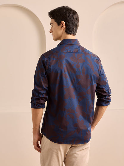 Navy Blue Regular Fit Printed Casual Poplin Shirt for Men (PISAL)