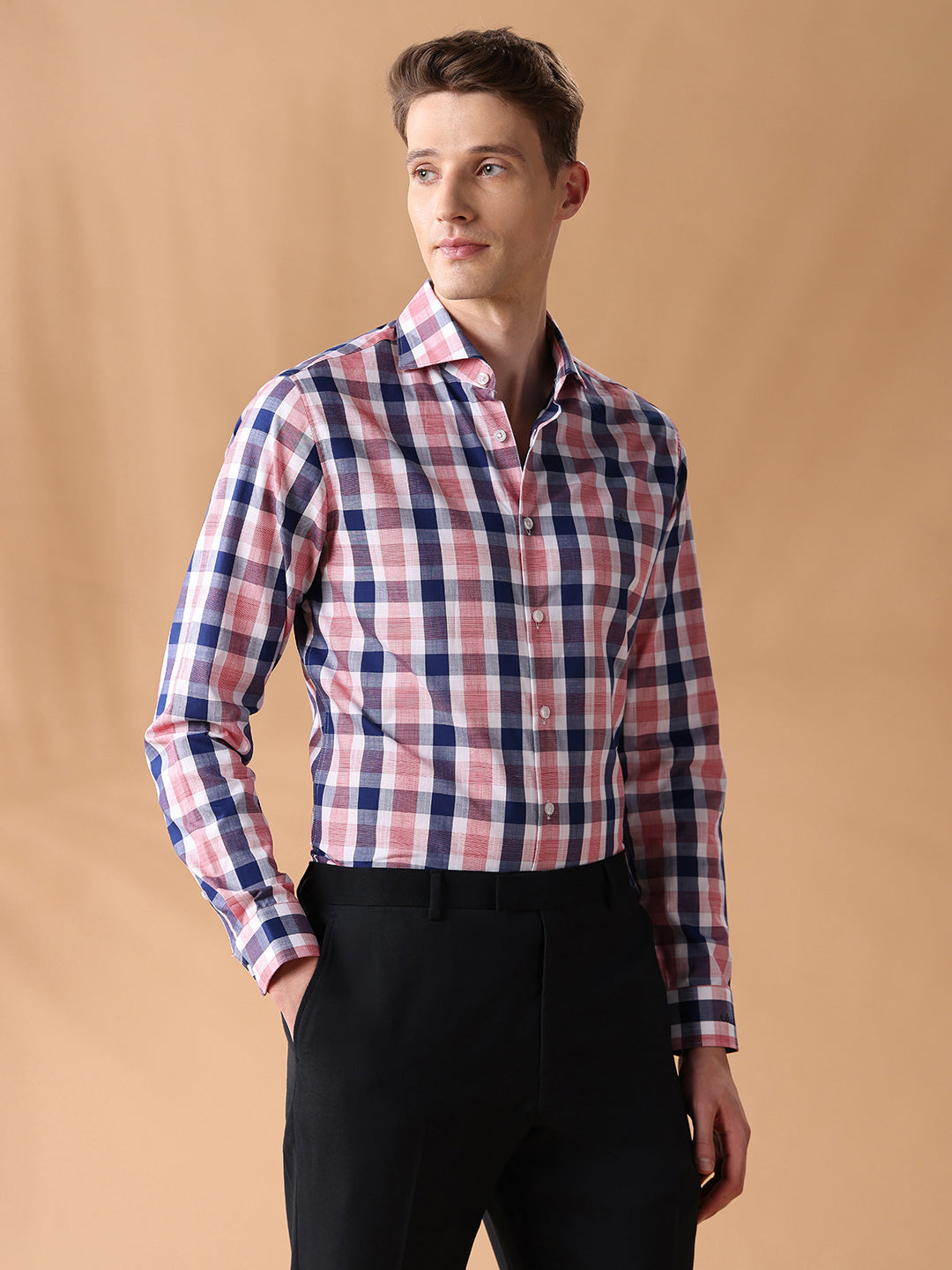 Pink Slim Fit Checked Formal Shirt for Men (CELEB)