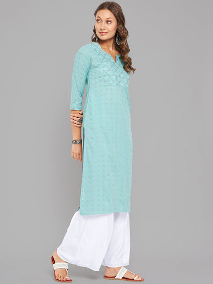 Women Sea Green Kurta With Embroidered Yoke