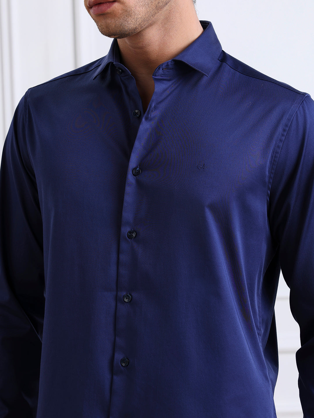 Navy Blue Regular Fit Solid Casual Satin Shirt for Men (BENITO)