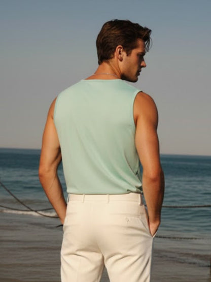 Men Graphic Print Cotton Sleeveless Round Neck Mint Color T-Shirt