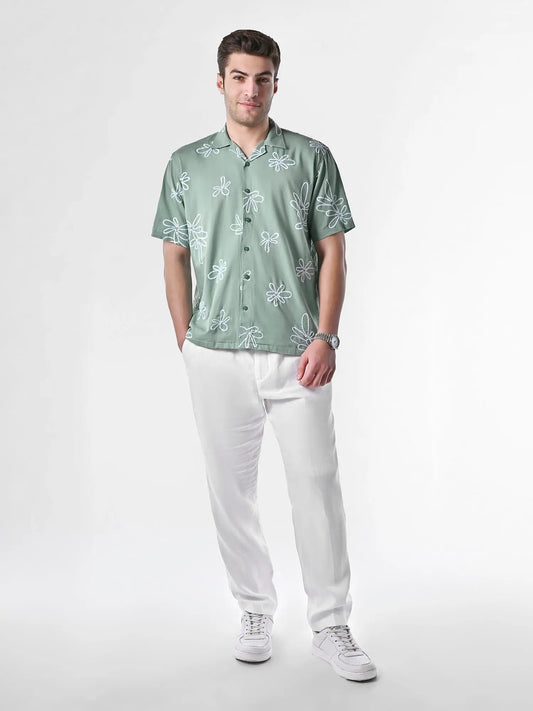Men's Box-Fit Floral Embroidered Linen Lust Sage Shirt Vellure