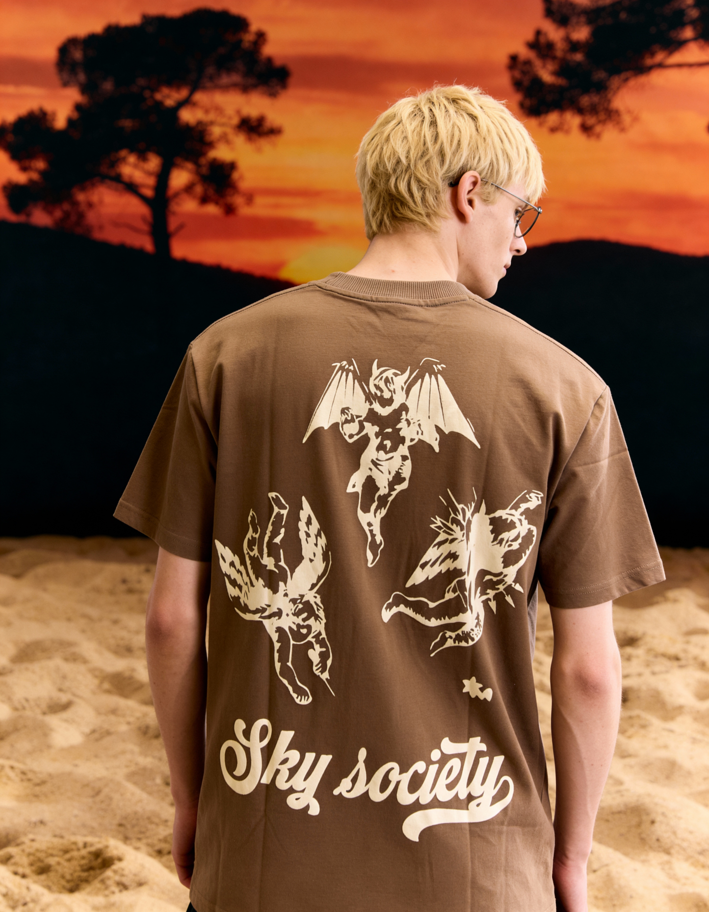 Sky Society Printed Oversized Brown T-Shirt